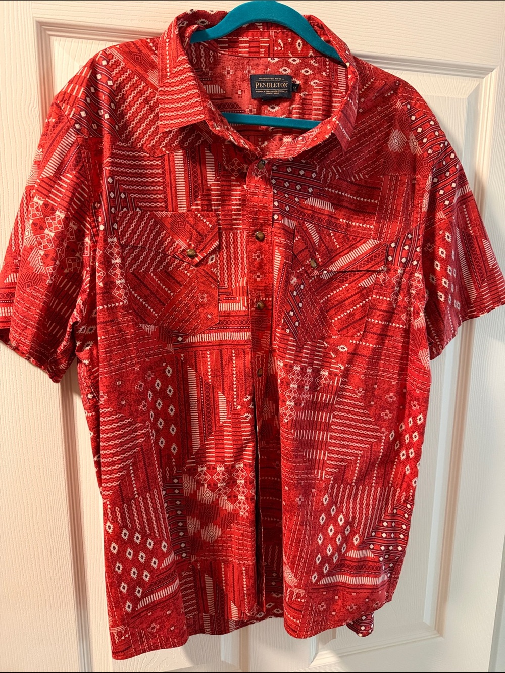 Pendleton Red Patchwork-Print Short Sleeve Snap-Down Western Shirt